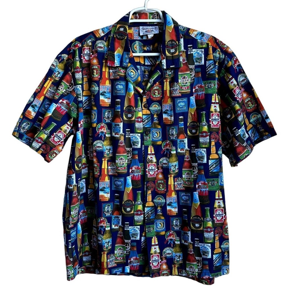 Pacific Legend Apparel Mens‎ Navy Beer Bottle Print Hawaiian Camp Shirt USA Made